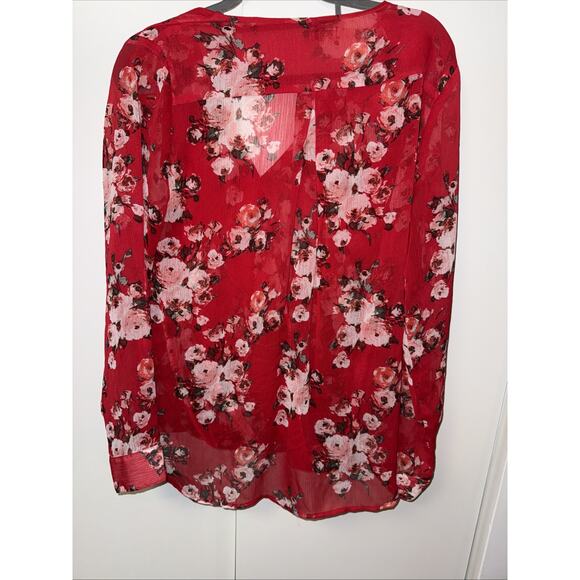 Kut From The Kloth Red Floral Semi Sheer Blouse Size L Lagenlook Boho Dressy - Picture 8 of 15